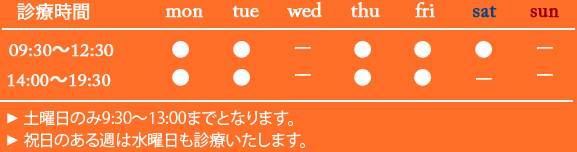 診療時間表-日・月は休診 火〜土まで午前診・午後診あります